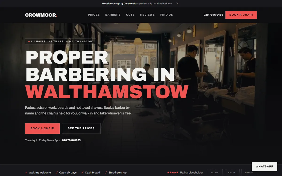 The Barber & Salon demo site on a laptop