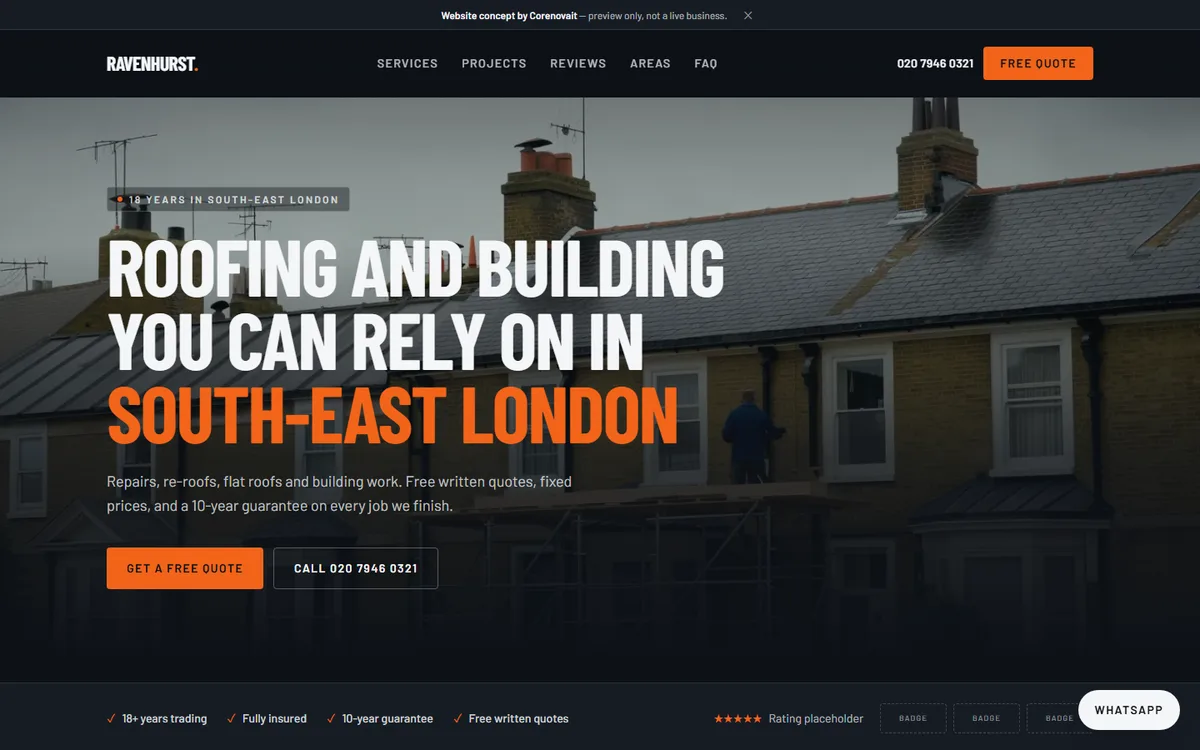 The Roofing & Building demo site on a laptop