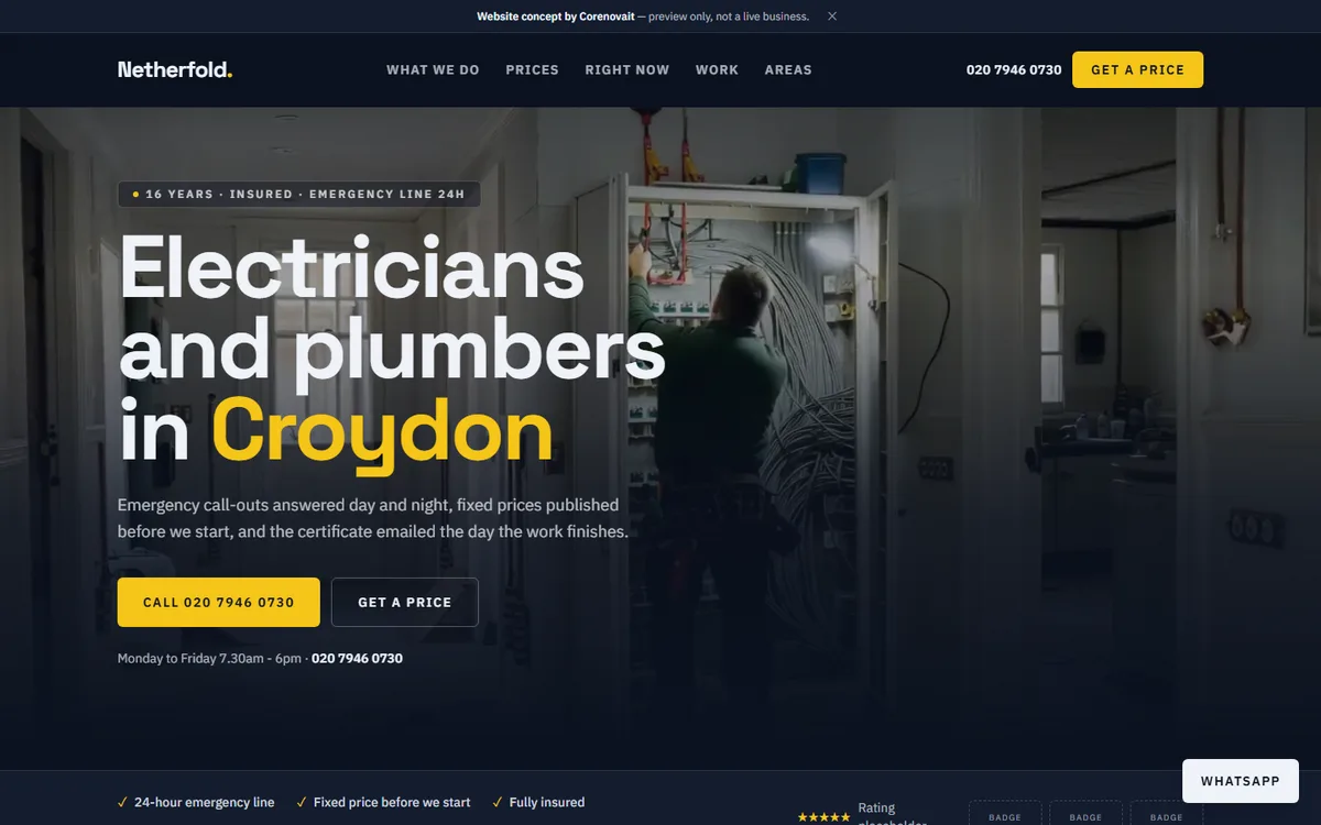 The Electrician & Plumbing demo site on a laptop